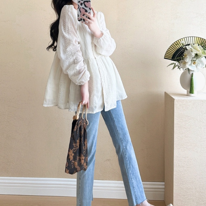 花柄ファッション 刺繍レース切替白チュニックブラウス