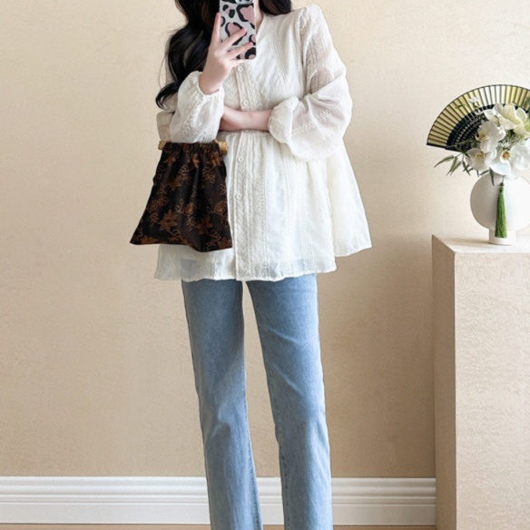 花柄ファッション 刺繍レース切替白チュニックブラウス