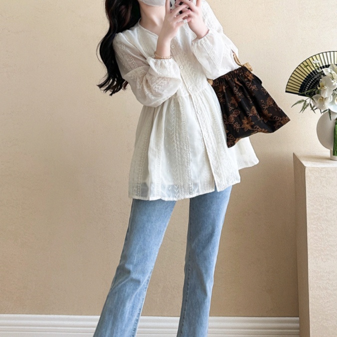 花柄ファッション 刺繍レース切替白チュニックブラウス