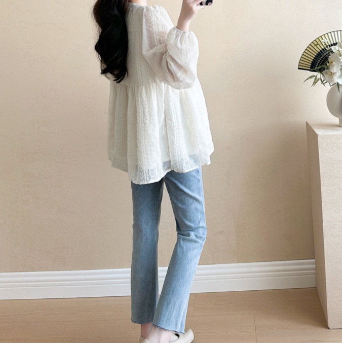 花柄ファッション 刺繍レース切替白チュニックブラウス