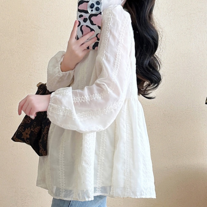 花柄ファッション 刺繍レース切替白チュニックブラウス