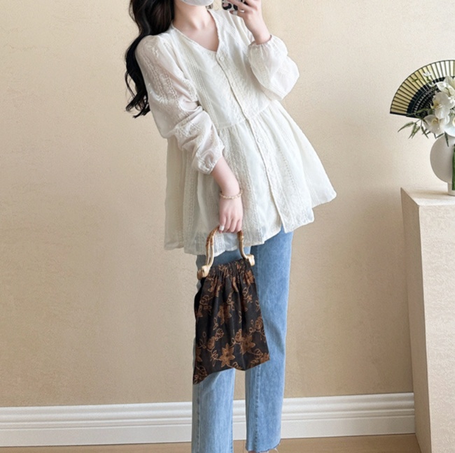 花柄ファッション 刺繍レース切替白チュニックブラウス