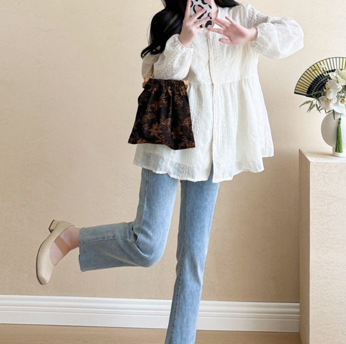 花柄ファッション 刺繍レース切替白チュニックブラウス
