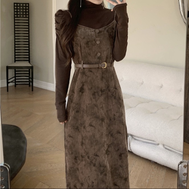 花柄ファッション ベルト付きベロア調キャミワンピース