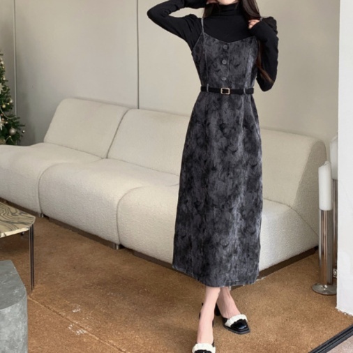 花柄ファッション ベルト付きベロア調キャミワンピース