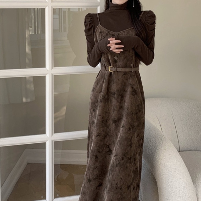 花柄ファッション ベルト付きベロア調キャミワンピース