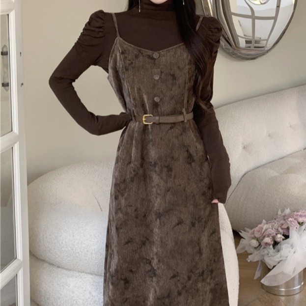 花柄ファッション ベルト付きベロア調キャミワンピース