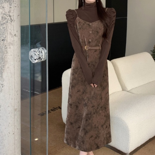 花柄ファッション ベルト付きベロア調キャミワンピース