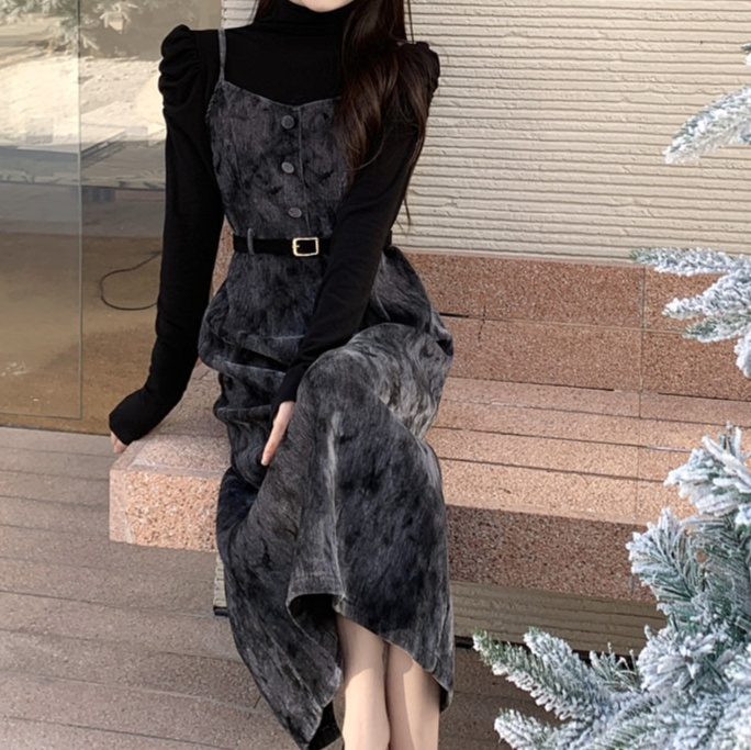 花柄ファッション ベルト付きベロア調キャミワンピース