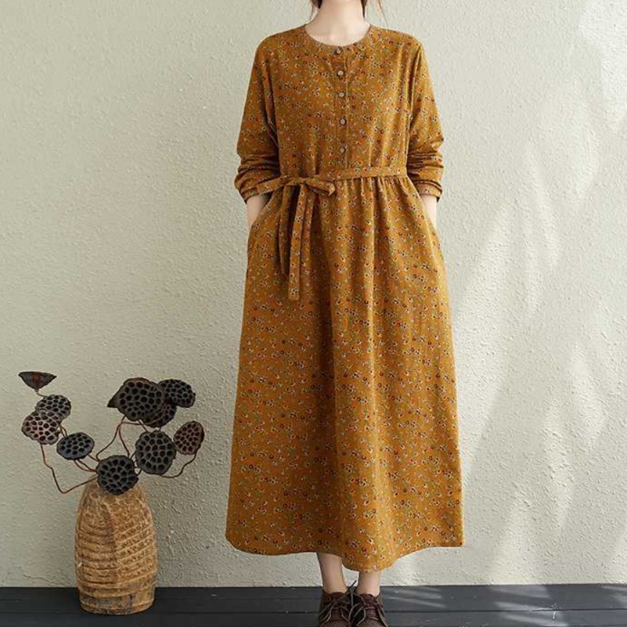 花柄ファッション 小花柄前開きボタン共布ベルト付き長袖マキシワンピース