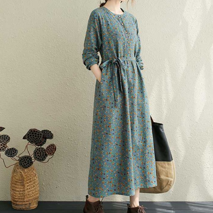 花柄ファッション 小花柄前開きボタン共布ベルト付き長袖マキシワンピース