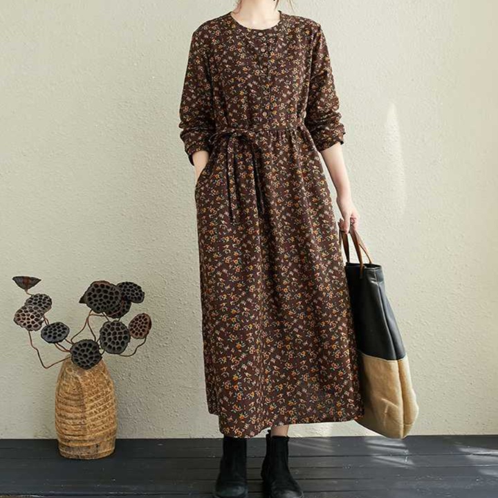 花柄ファッション 小花柄前開きボタン共布ベルト付き長袖マキシワンピース