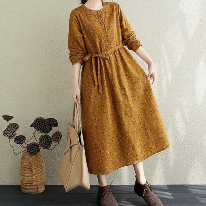 花柄ファッション 小花柄前開きボタン共布ベルト付き長袖マキシワンピース