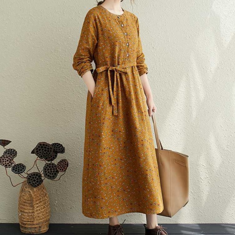 花柄ファッション 小花柄前開きボタン共布ベルト付き長袖マキシワンピース