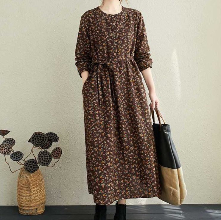 花柄ファッション 小花柄前開きボタン共布ベルト付き長袖マキシワンピース