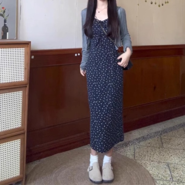 花柄ファッション 小花柄キャミソールワンピース長袖セット