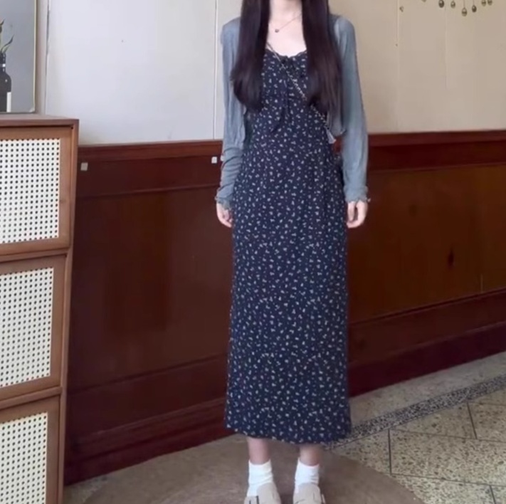 花柄ファッション 小花柄キャミソールワンピース長袖セット