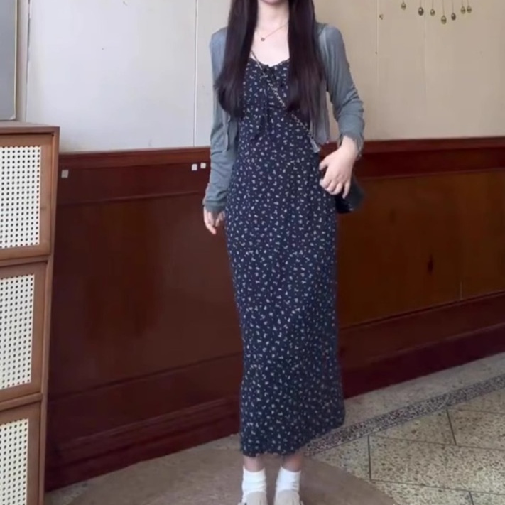 花柄ファッション 小花柄キャミソールワンピース長袖セット