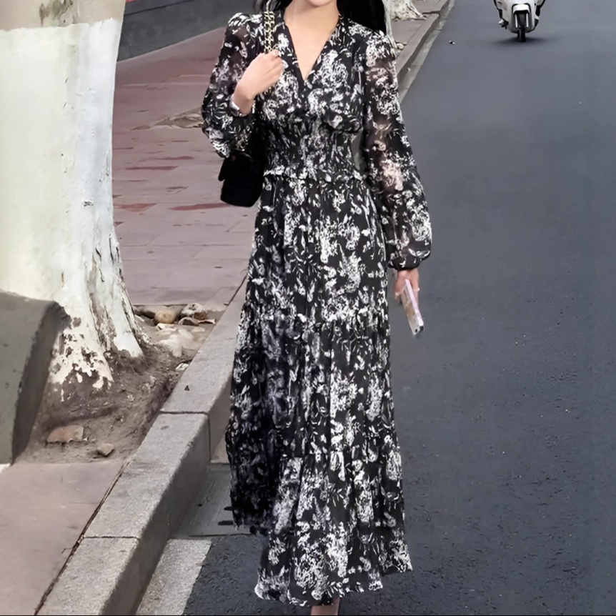 花柄ファッション 大人可愛い花柄シフォンロングワンピース