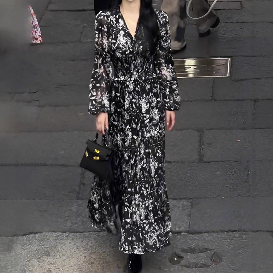 花柄ファッション 大人可愛い花柄シフォンロングワンピース