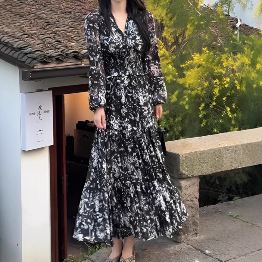 花柄ファッション 大人可愛い花柄シフォンロングワンピース