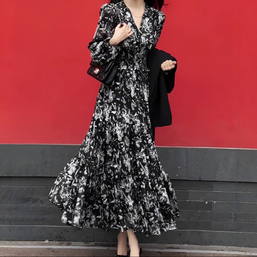 花柄ファッション 大人可愛い花柄シフォンロングワンピース