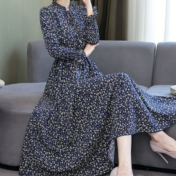 花柄ファッション 小花柄エレガント長袖シフォンワンピース
