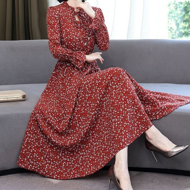 花柄ファッション 小花柄エレガント長袖シフォンワンピース