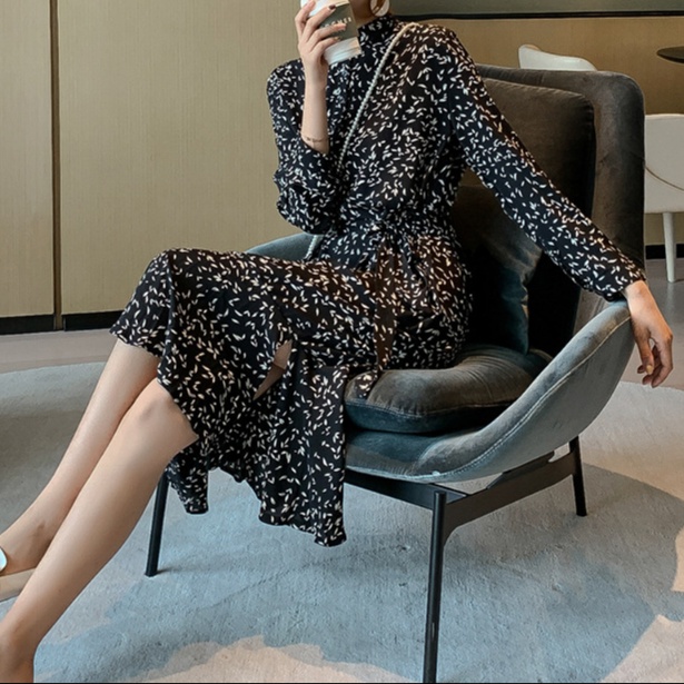 花柄ファッション 小花柄スタンドカラーシフォンワンピース