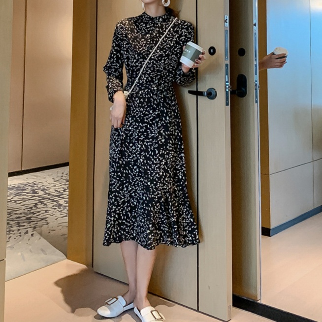 花柄ファッション 小花柄スタンドカラーシフォンワンピース