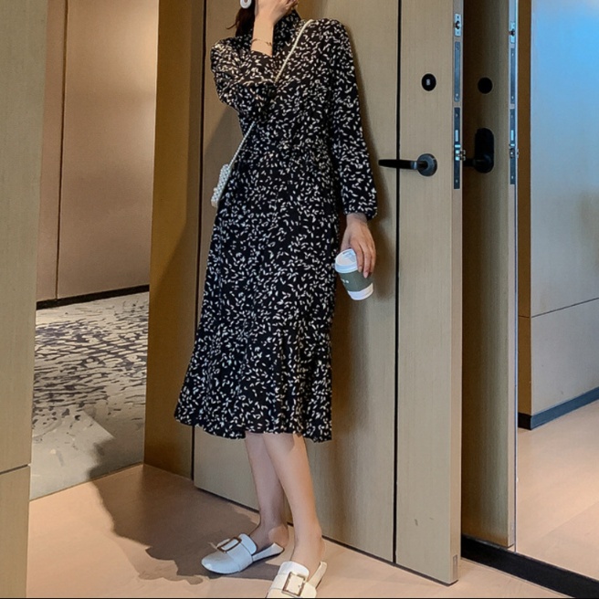 花柄ファッション 小花柄スタンドカラーシフォンワンピース