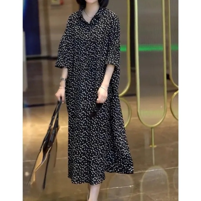 花柄ファッション 小花柄シフォン七分袖ロング丈ワンピース