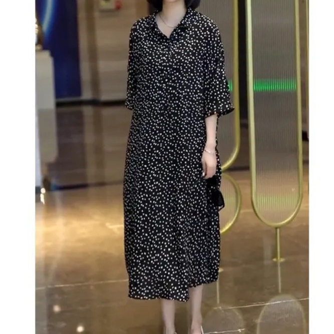 花柄ファッション 小花柄シフォン七分袖ロング丈ワンピース