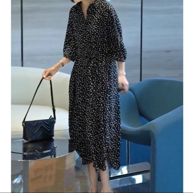 花柄ファッション 小花柄シフォン七分袖ロング丈ワンピース