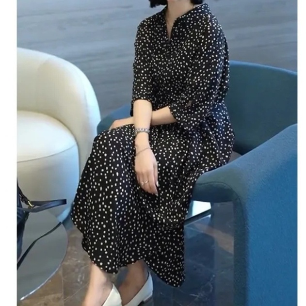 花柄ファッション 小花柄シフォン七分袖ロング丈ワンピース