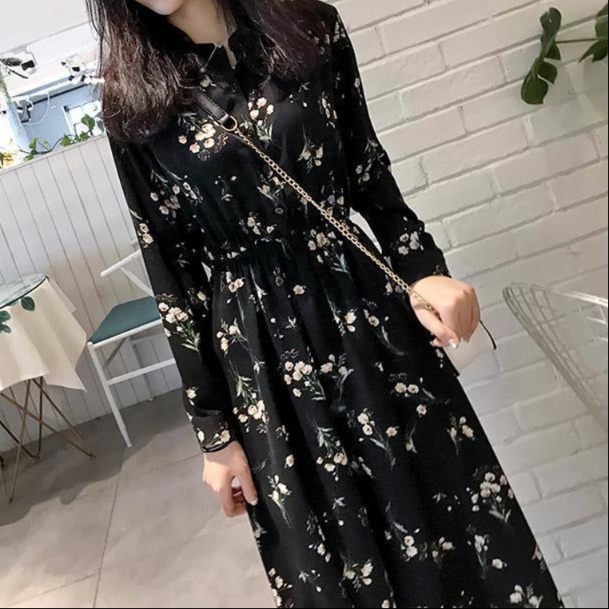 花柄ファッション 小花柄シフォンロング丈ワンピース