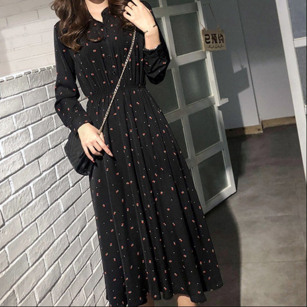 花柄ファッション 小花柄シフォンロング丈ワンピース