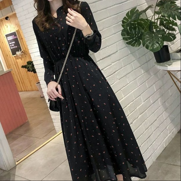 花柄ファッション 小花柄シフォンロング丈ワンピース