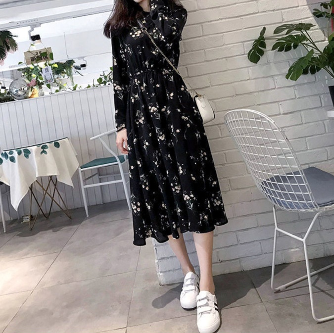 花柄ファッション 小花柄シフォンロング丈ワンピース