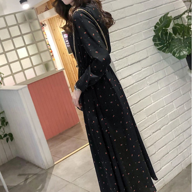 花柄ファッション 小花柄シフォンロング丈ワンピース