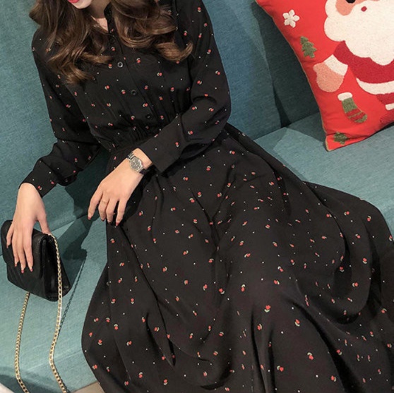 花柄ファッション 小花柄シフォンロング丈ワンピース