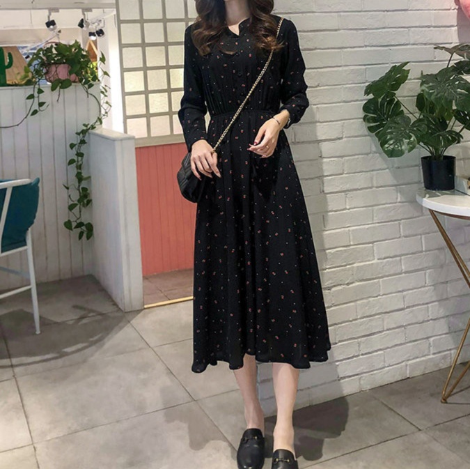 花柄ファッション 小花柄シフォンロング丈ワンピース