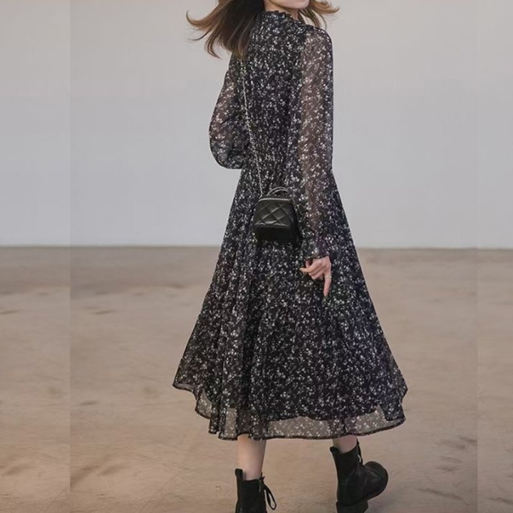 花柄ファッション 小花柄シフォン長袖ワンピース