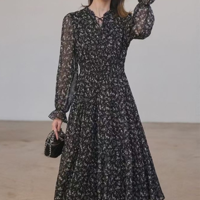 花柄ファッション 小花柄シフォン長袖ワンピース