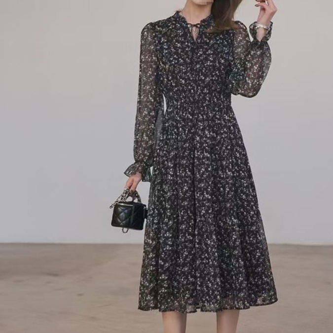 花柄ファッション 小花柄シフォン長袖ワンピース