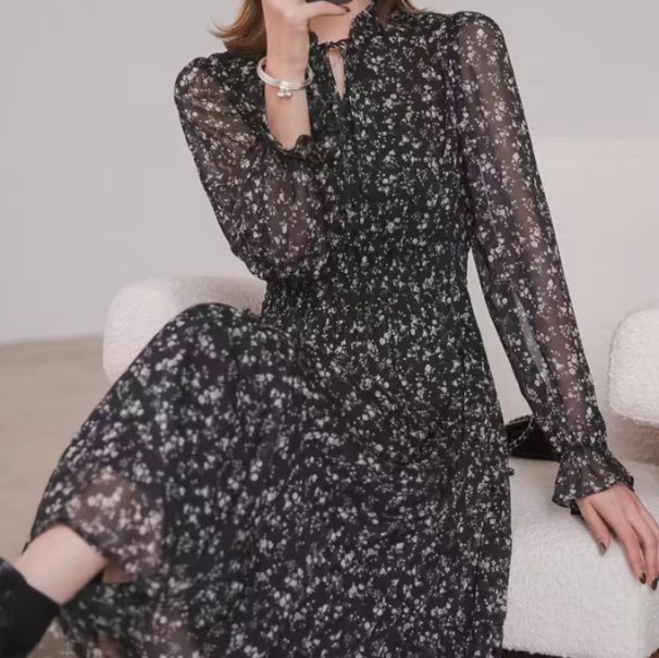 花柄ファッション 小花柄シフォン長袖ワンピース