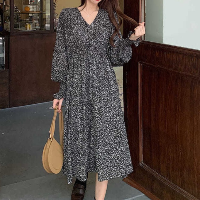 花柄ファッション 小花柄シフォン長袖ワンピース