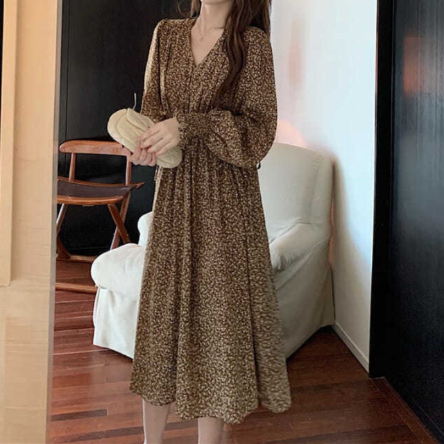 花柄ファッション 小花柄シフォン長袖ワンピース