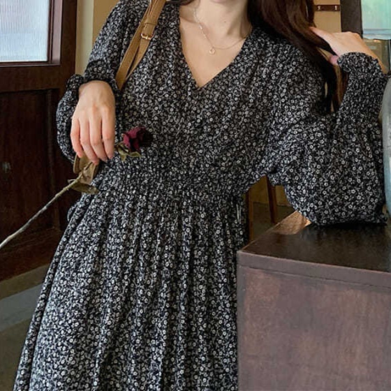 花柄ファッション 小花柄シフォン長袖ワンピース