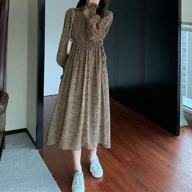 花柄ファッション 小花柄シフォン長袖ワンピース